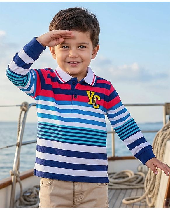 Babyhug Cotton Knit Full Sleeves Polo T-Shirt With Strips & Text Print - Blue