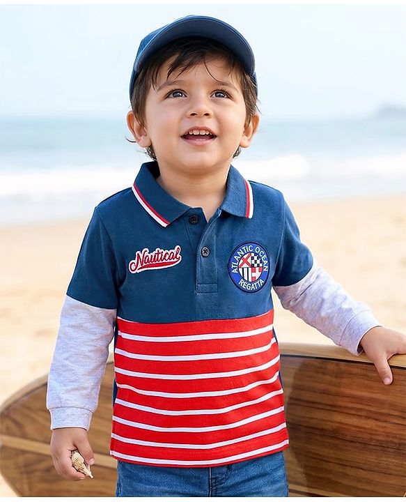 Babyhug Cotton Knit Full Doctor Sleeves Polo T-Shirt With Patch Embroidery - Navy Blue