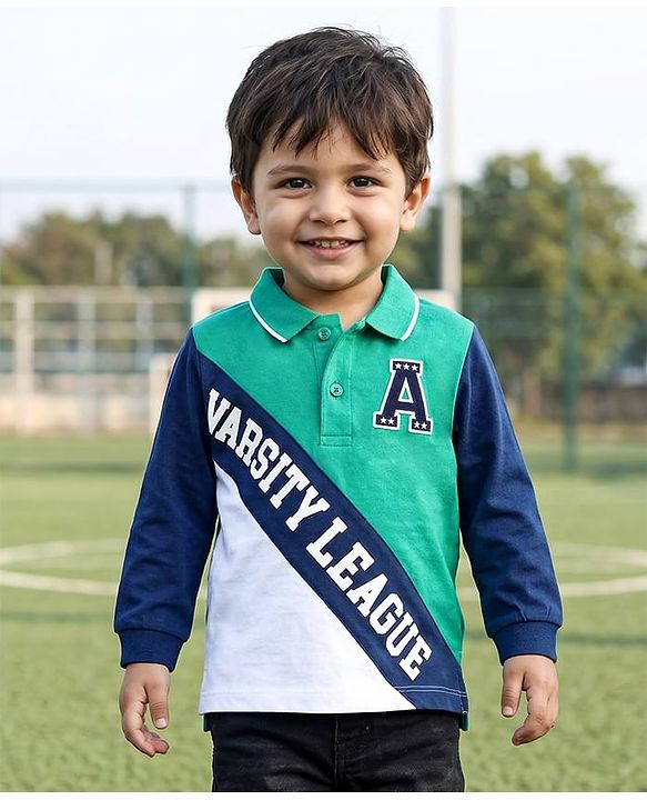 Babyhug Cotton Knit Full Sleeves T-Shirt With Text Print & Embroidery - Green & White