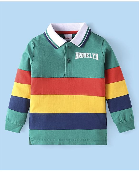 Babyhug Cotton Knit Full Sleeves Polo T-Shirt With Cut & Sew Design - Green