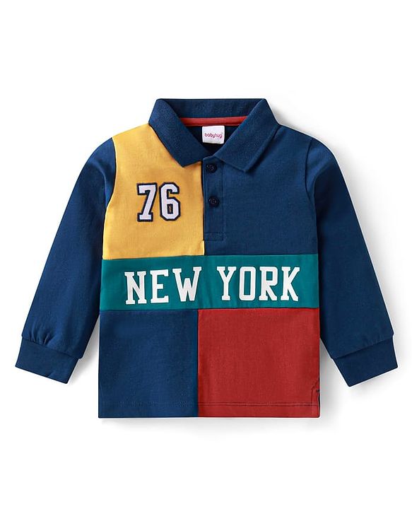 Babyhug Cotton Knit Full Sleeves Polo T-Shirt with Text Print & Color Block - Navy Blue