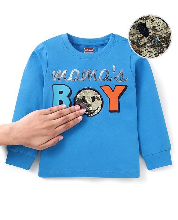 Babyhug Cotton Knit Full Sleeves T-Shirt With Reversible Sequin Embroidery - Blue