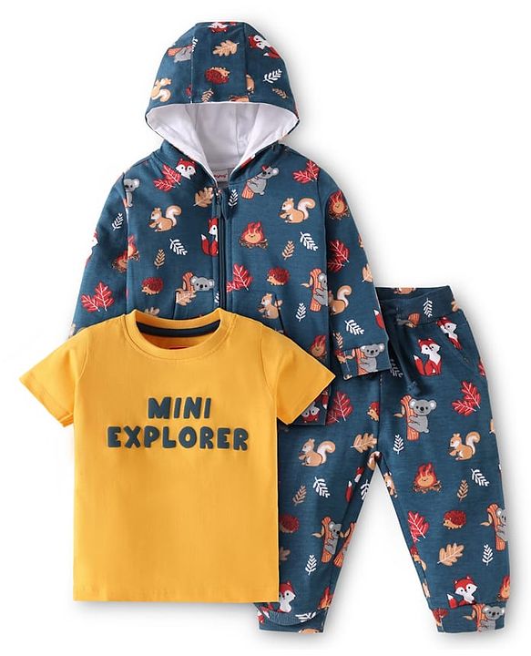 Babyhug Terry Knit Full Sleeves Hooded Sweatjacket & Lounge Pant Set With T-Shirt & Animal Print - Navy Blue & Yellow
