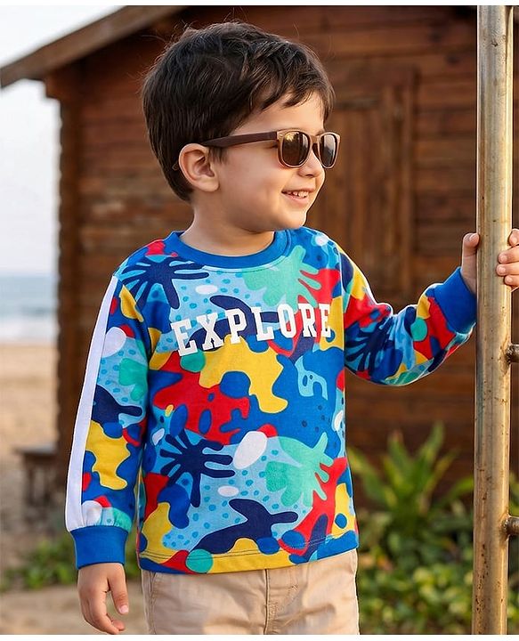 Babyhug Cotton Knit Full Sleeves T-Shirt with Sea Life Theme Print - Blue Yellow & Red
