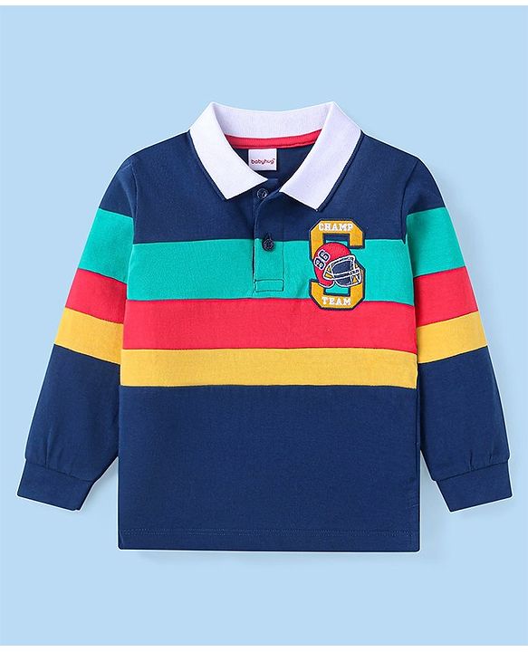 Babyhug Cotton Knit Full Sleeves Polo T-Shirt With Text Embroidery - Navy Blue
