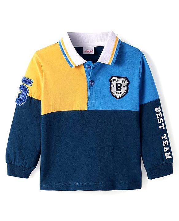 Babyhug Cotton Knit Full Sleeves Polo T-Shirt with Text Print & Color Block - Navy Blue