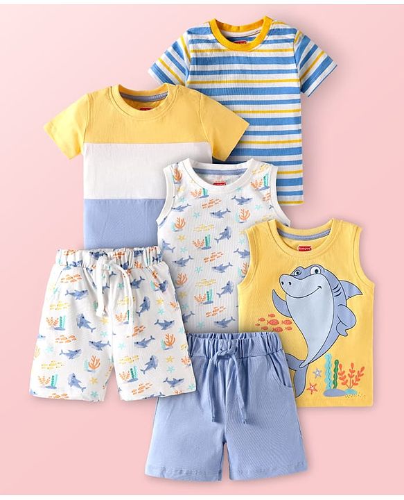 Babyhug Single Jersey Knit Half Sleeves T-Shirts & Shorts With Sando Vests & Shark Print Pack of 6 - Multi Colour