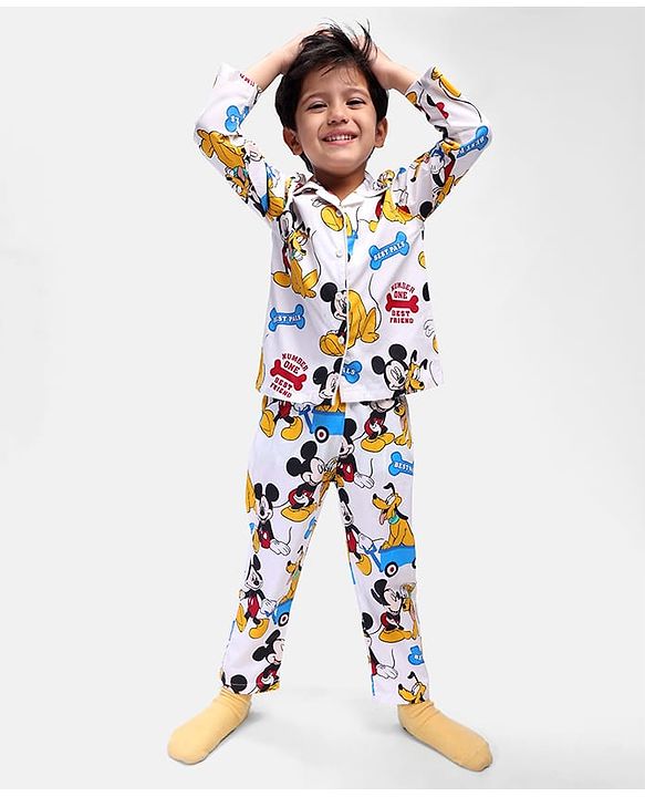 Babyhug Disney Cotton Knit  Full Sleeves Night Suit With Mickey Mouse Print - White
