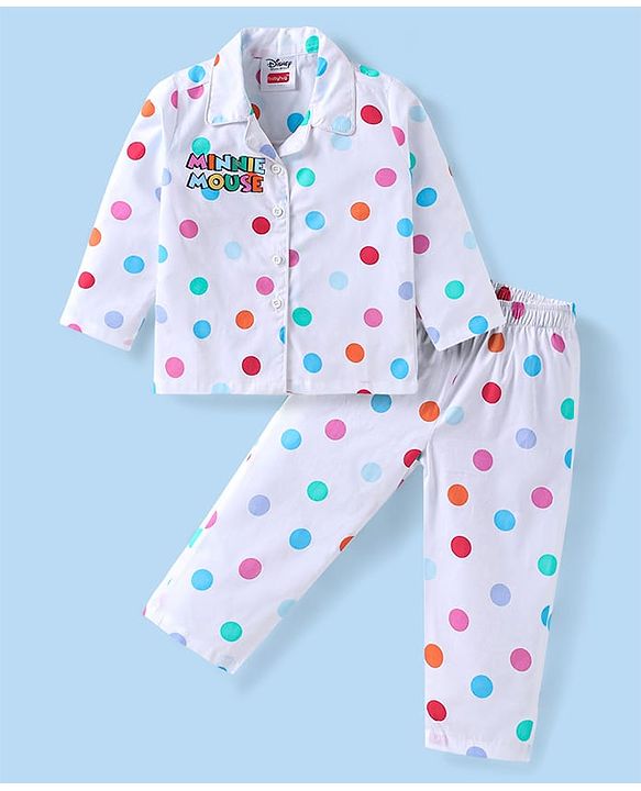 Babyhug Disney Cotton Woven Full Sleeves Night Suit with Minnie Mouse & Polka Dots Print - White