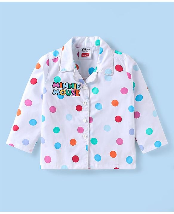 Babyhug Disney Cotton Woven Full Sleeves Night Suit with Minnie Mouse & Polka Dots Print - White