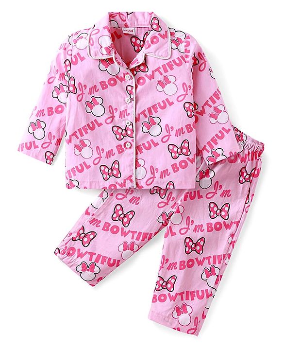 Babyhug Disney Single Jersey Knit Full Sleeves Night Suit With Minnie Mouse Print - Pink