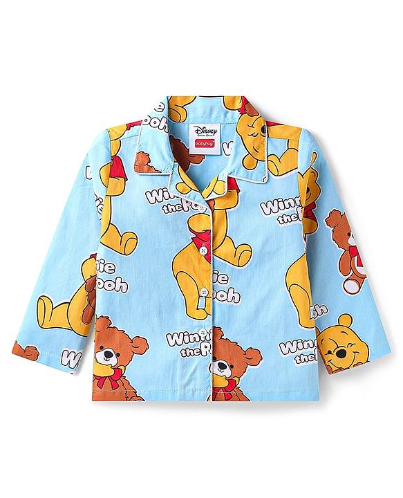 Babyhug Disney Cotton Woven Full Sleeves Front Open Night Suit with Winnie the Pooh Graphics - Light Blue