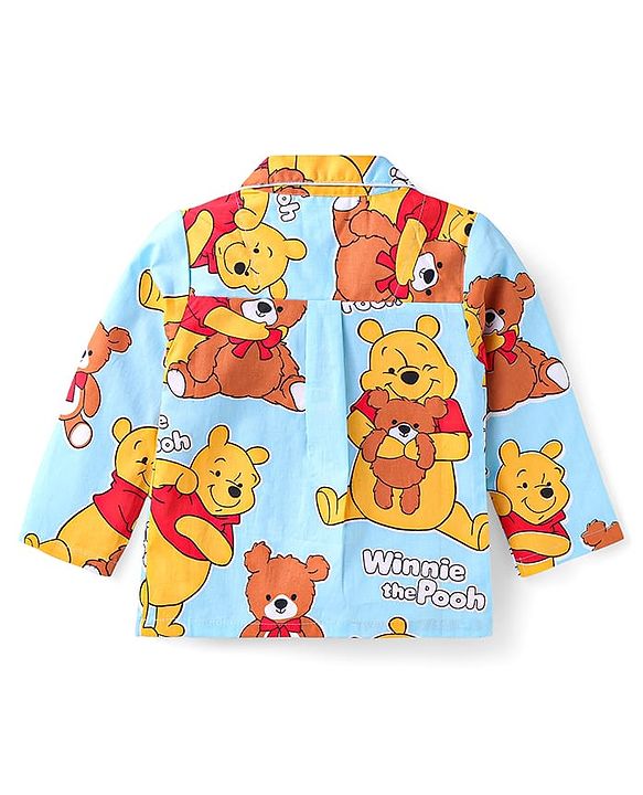 Babyhug Disney Cotton Woven Full Sleeves Front Open Night Suit with Winnie the Pooh Graphics - Light Blue