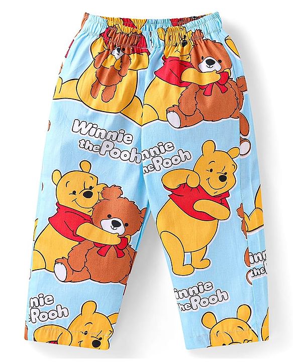 Babyhug Disney Cotton Woven Full Sleeves Front Open Night Suit with Winnie the Pooh Graphics - Light Blue