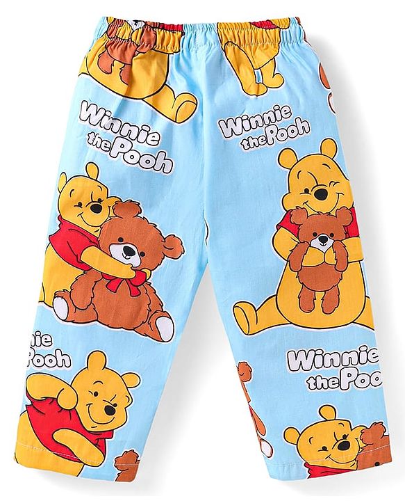 Babyhug Disney Cotton Woven Full Sleeves Front Open Night Suit with Winnie the Pooh Graphics - Light Blue