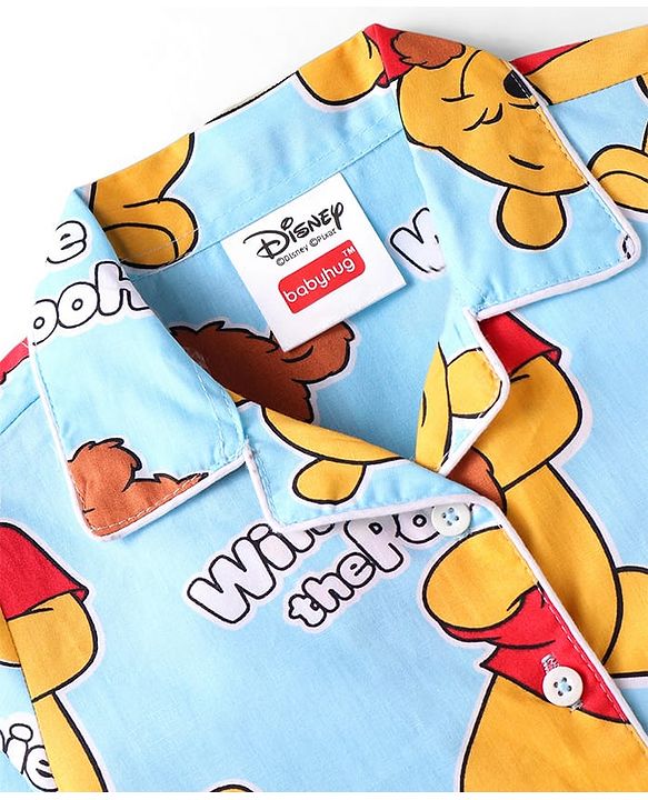 Babyhug Disney Cotton Woven Full Sleeves Front Open Night Suit with Winnie the Pooh Graphics - Light Blue