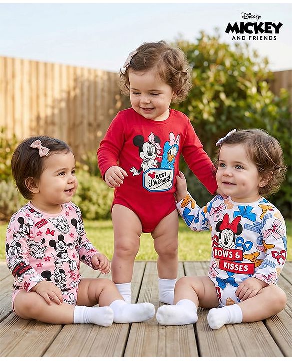 Babyhug Disney Interlock Knit Full Sleeves Onesies With Minnie Mouse Graphics Pack of 3 - Red White & Pink
