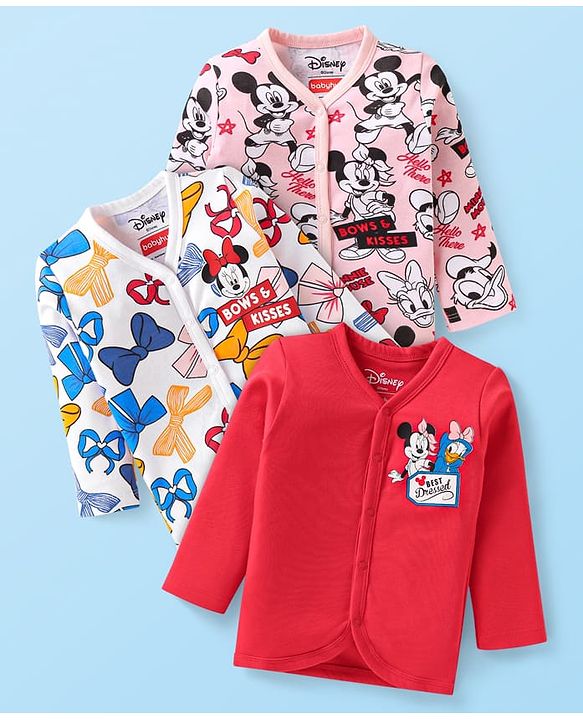 Babyhug Disney Interlock Knit Full Sleeves Jhablas with Minnie Mouse Graphics Pack of 3 - Red White & Pink
