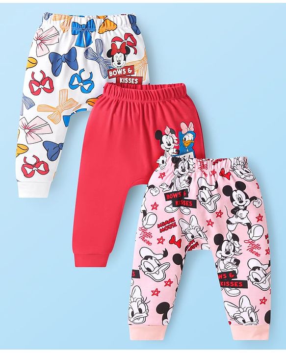 Babyhug Disney Interlock Knit Full Length Lounge Pants with Minnie Mouse Graphics Pack of 3 - Red White & Pink