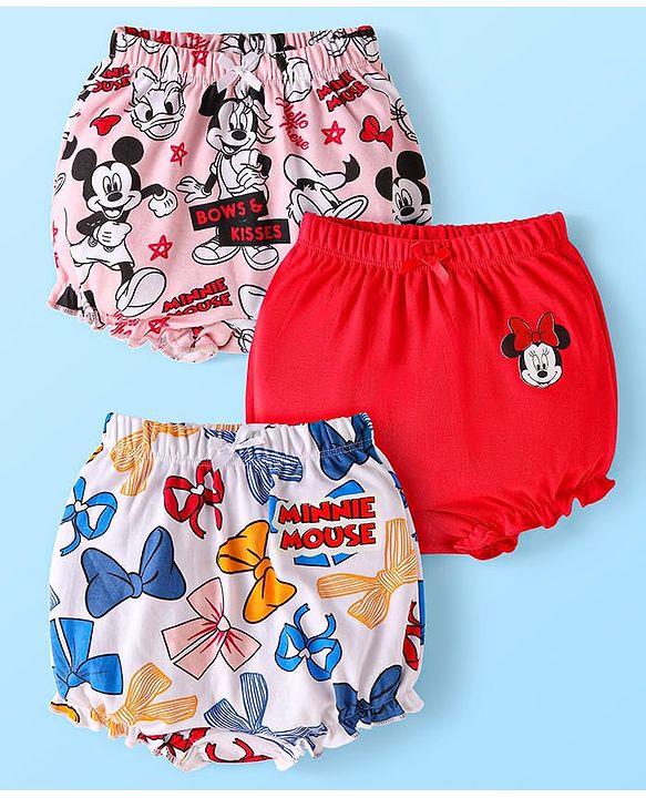 Babyhug Disney Single Jersey Knit Bloomers with Minnie Mouse Graphics Pack of 3 - Red White & Pink