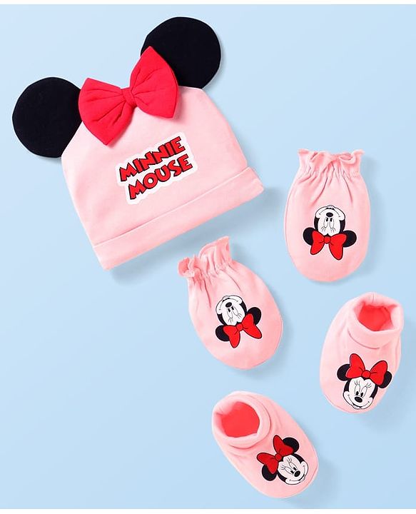Babyhug Disney Interlock Knit Cap Mittens & Booties Set with Minnie Mouse Graphics & Bow Applique Pink - Diameter 10 cm