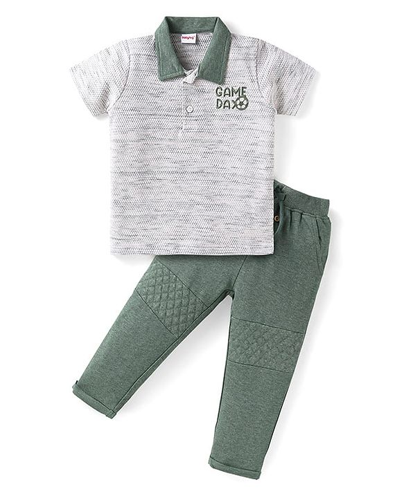 Babyhug Single Jersey Knit Half Sleeves Polo T-Shirt & Lounge Pant With Text Print - White & Olive Green