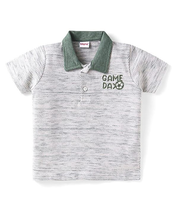 Babyhug Single Jersey Knit Half Sleeves Polo T-Shirt & Lounge Pant With Text Print - White & Olive Green