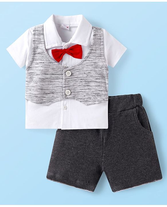 Babyhug Single Jersey Knit Half Sleeves Shirt & Shorts Set With Bow Applique - White & Black