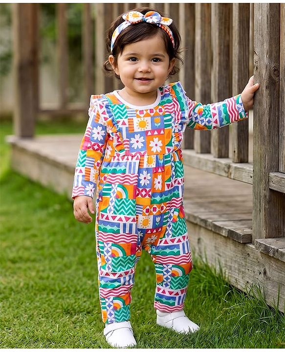 Babyhug Interlock Knit Full Sleeves Romper With Floral Print & Hairband - Green