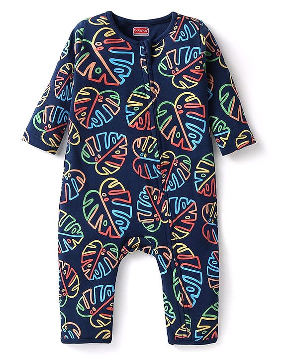 Babyhug 100 % Cotton Knit Full Sleeves Printed Romper - Navy Blue
