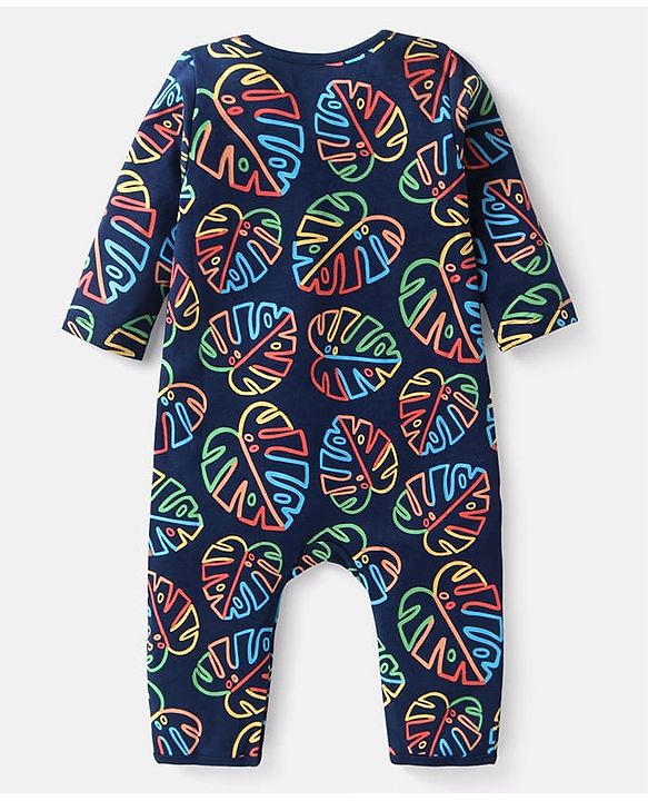Babyhug 100 % Cotton Knit Full Sleeves Printed Romper - Navy Blue