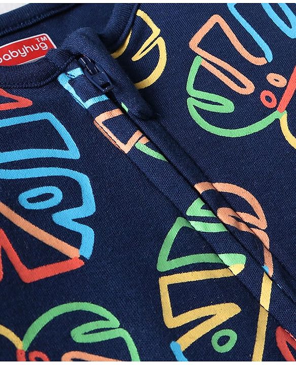 Babyhug 100 % Cotton Knit Full Sleeves Printed Romper - Navy Blue