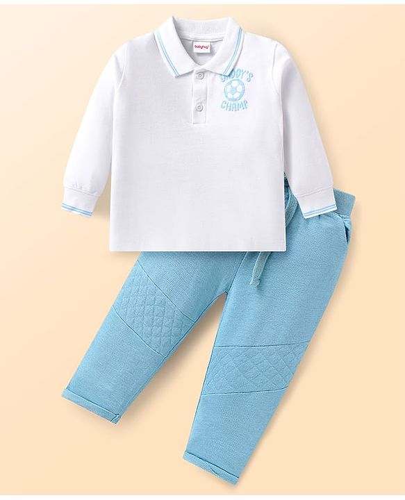 Babyhug Single Jersey Knit Collar Front-Buttons T-Shirt with Daddy Champ Embroidered and Joggers Set - Light Blue