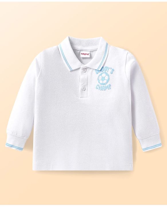 Babyhug Single Jersey Knit Collar Front-Buttons T-Shirt with Daddy Champ Embroidered and Joggers Set - Light Blue