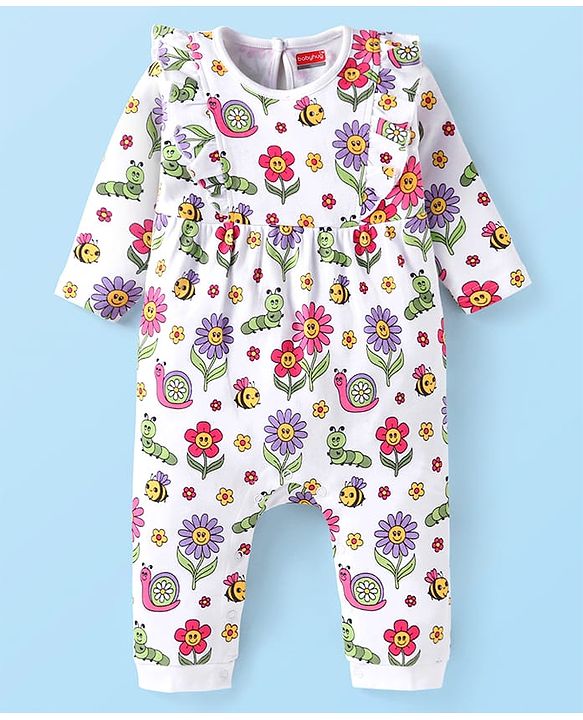 Babyhug 100 % Cotton Knit Full Sleeves Romper with Floral Print & Frill Detailing - White