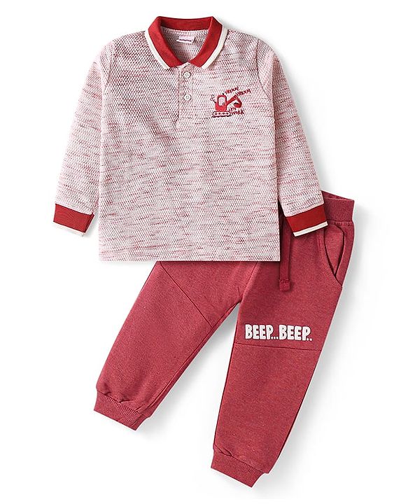 Babyhug Single Jersey Knit Full Sleeves Collared T-Shirt & Cut & Sew Joggers - Red & White