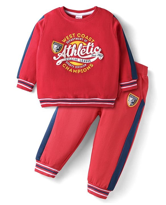 Babyhug Terry Knit Full Sleeves Text Printed T-Shirt & Joggers Set - Red & Blue