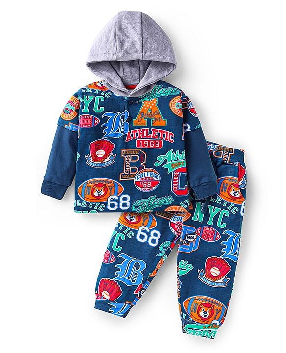 Babyhug Terry Knit Full Sleeves Hooded T-Shirt and Lounge Pant with Sport Theme Print - Navy Blue