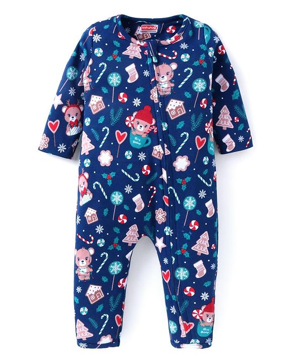 Babyhug 100% Cotton Knit Full Sleeves Front Open Romper with Christmas Theme Print - Navy Blue