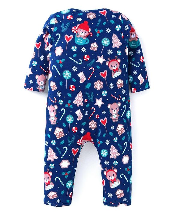Babyhug 100% Cotton Knit Full Sleeves Front Open Romper with Christmas Theme Print - Navy Blue
