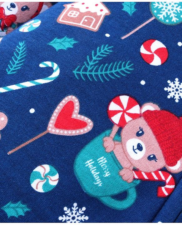 Babyhug 100% Cotton Knit Full Sleeves Front Open Romper with Christmas Theme Print - Navy Blue