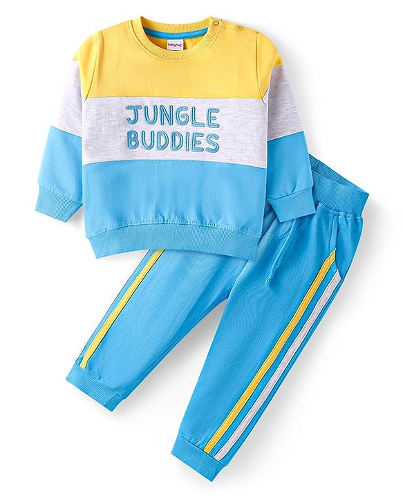 Babyhug Terry Knit Full Sleeves Cut & Sew T-Shirt with Text Embroidery & Taped Joggers -  Blue & Yellow