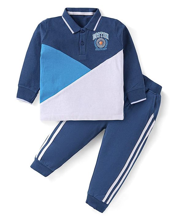 Babyhug Single Jersey Knit Full Sleeves Cut & Sew Embroidered Collared T-Shirt & Jogger with Tape Detailing - Blue &  White