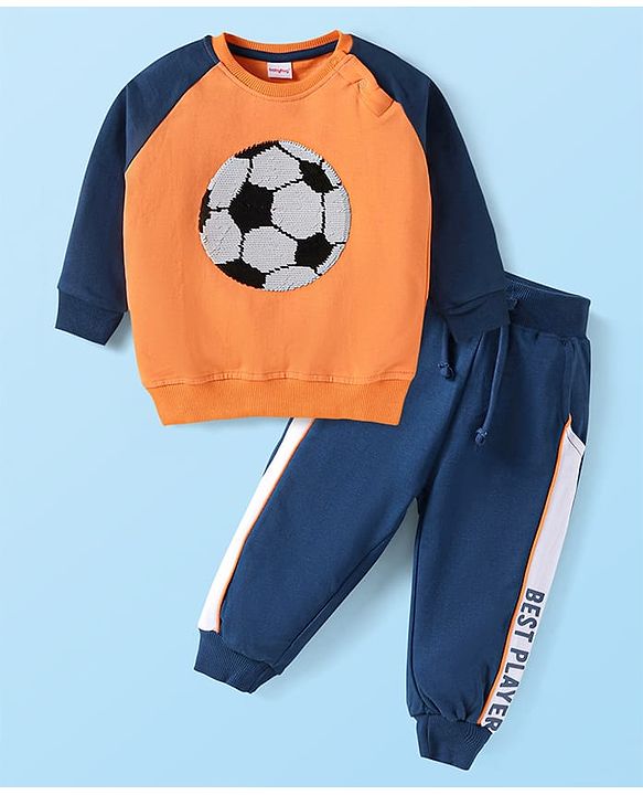 Babyhug Terry Knit Full Raglan Sleeves T-Shirt & Lounge Pant Set with Tape & Sequin Detailing - Navy Blue & Orange
