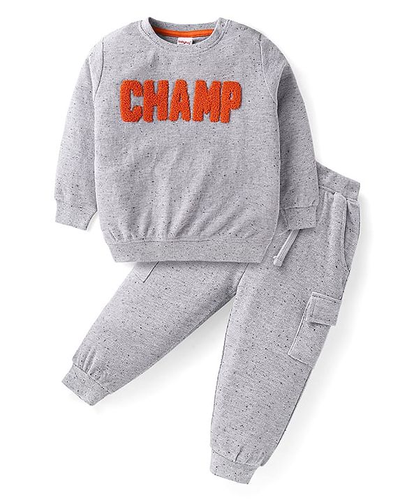 Babyhug Terry Knit Full Sleeves T-Shirt & Lounge Pant With Text Embroidered - Grey