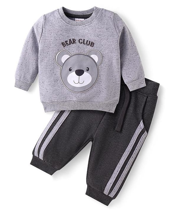 Babyhug Terry Knit Full Sleeves T-Shirt & Lounge Pant Set With Bear Patch & Text Embroidery - Grey & Black
