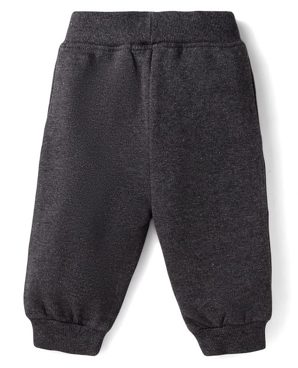 Babyhug Terry Knit Full Sleeves T-Shirt & Lounge Pant Set With Bear Patch & Text Embroidery - Grey & Black