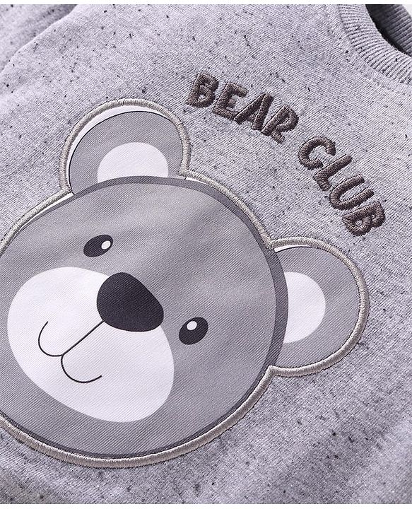 Babyhug Terry Knit Full Sleeves T-Shirt & Lounge Pant Set With Bear Patch & Text Embroidery - Grey & Black