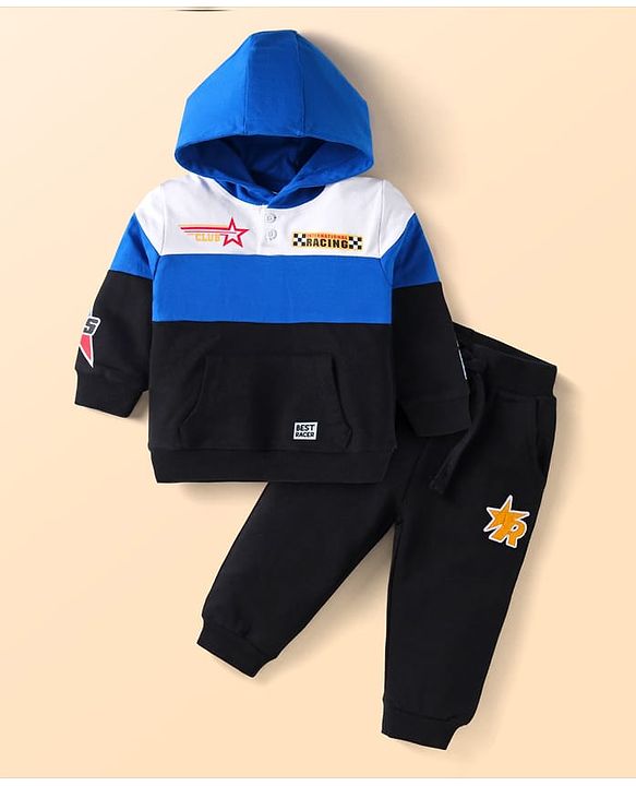 Babyhug Terry Knit Full Sleeves Cut & Sew Hooded T-Shirt & Lounge Pant Set with Text Print & Embroidery - Black