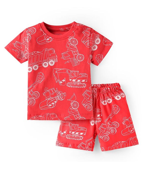 Babyhug Cotton Knit Single Jersey Half Sleeves Night Suit With Construction Vehicle Print - Red